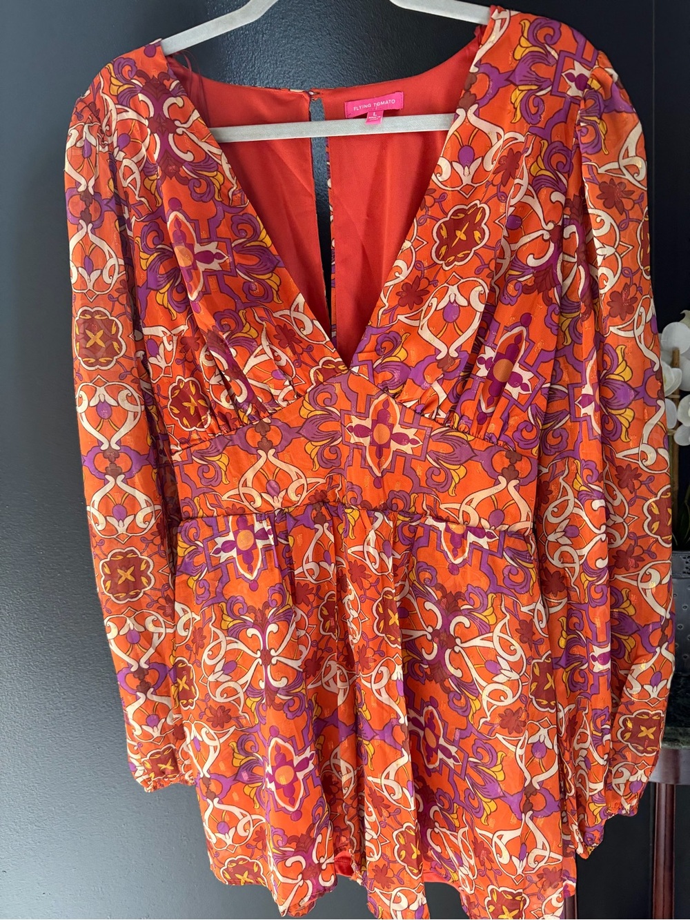 Flying Tomato Bright Orange Retro Print V-Neck Mini Romper Dress